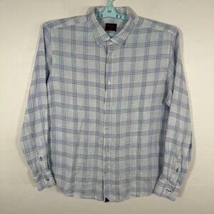Untuckit Shirt Mens XL White Blue Linen Button Up Long Sleeve Plaid Casual